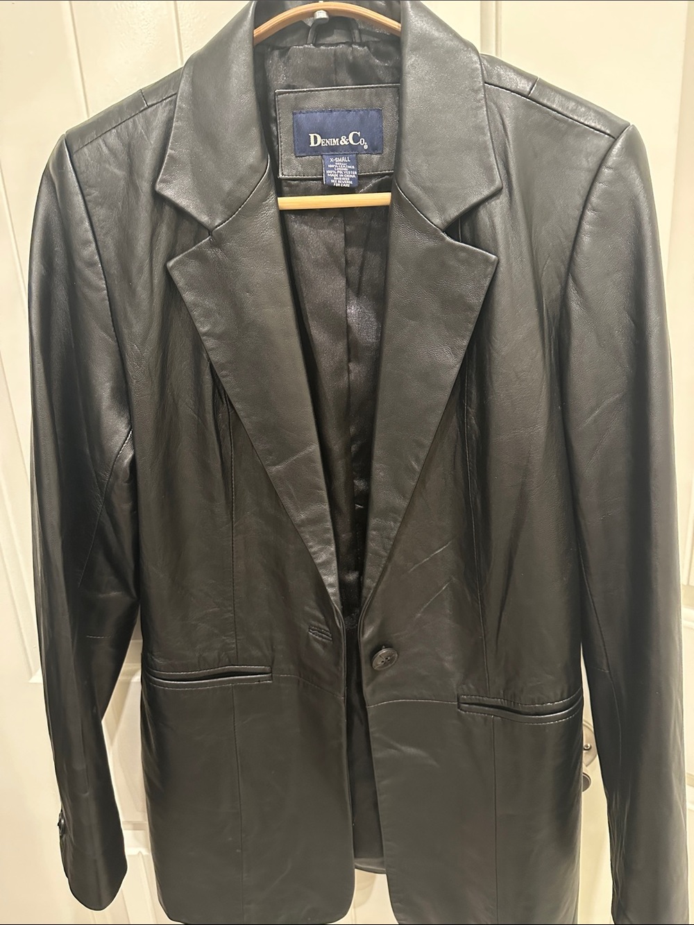 Women Denim&Co Black Genuine Leather Blazer Jacket